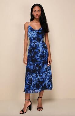 Lulus Beautiful Persona Blue Floral Chiffon Cowl A-Line Midi Dress Small NWT
